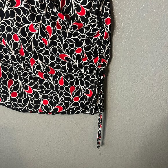 Red White Black Abstract Print Faux Wrap Ruched Short Sleeve Top Size L/XL - Picture 3 of 4